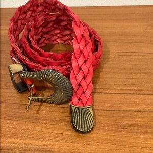 Vintage Red Braided Leather Belt w/ Brass Shell Buckle – 48” Made in USA